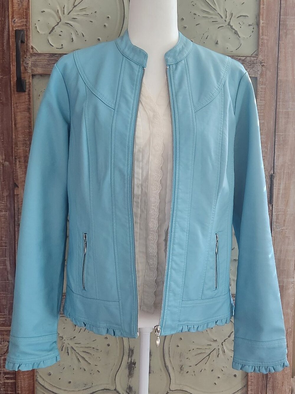 OSO Casuals Blue Vegan Leather Moto Jacket With Ruffle Hem | Medium